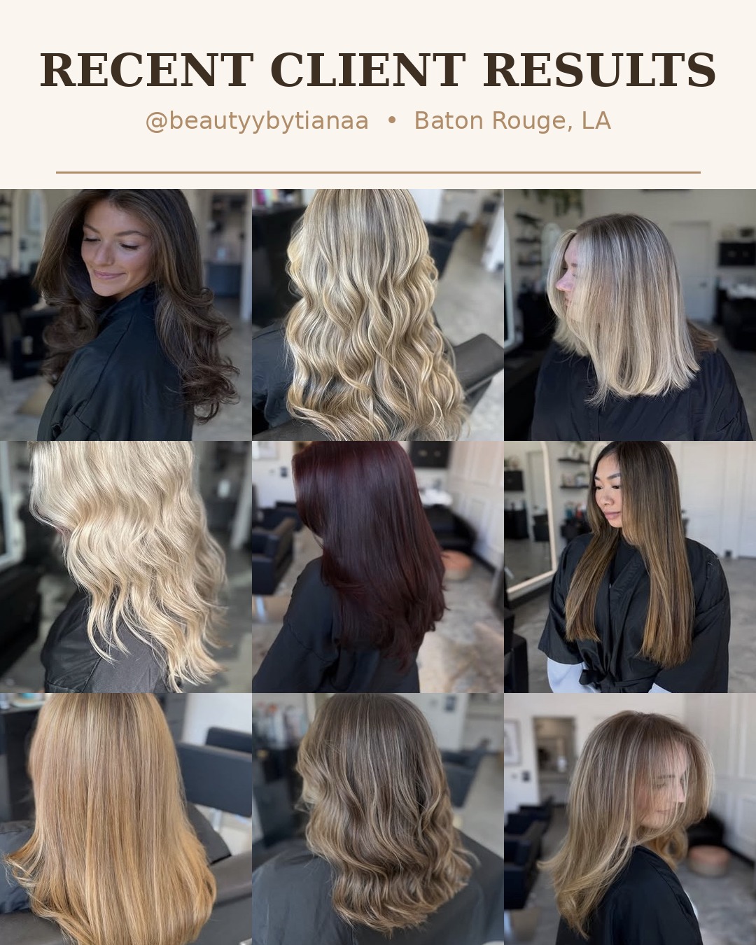 Recent client hair color results at Opal & Ivy Salon Baton Rouge